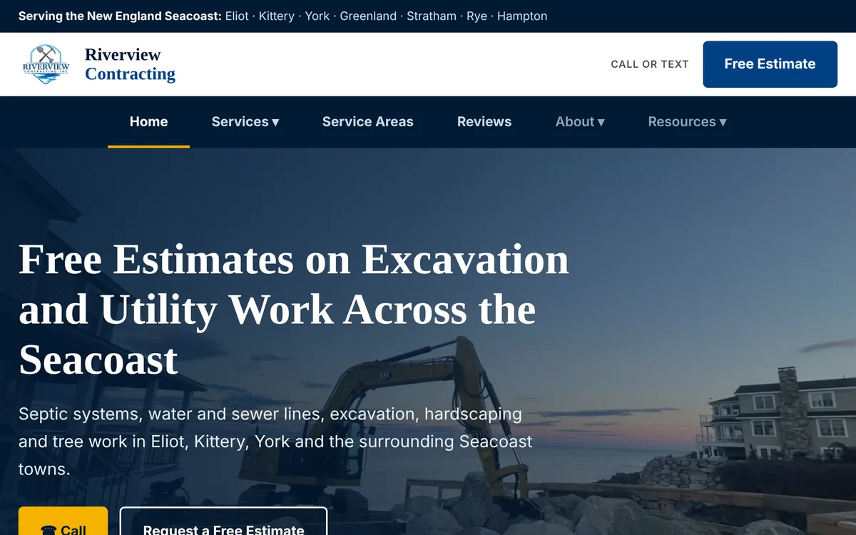 Excavation contractor homepage with call and estimate buttons
